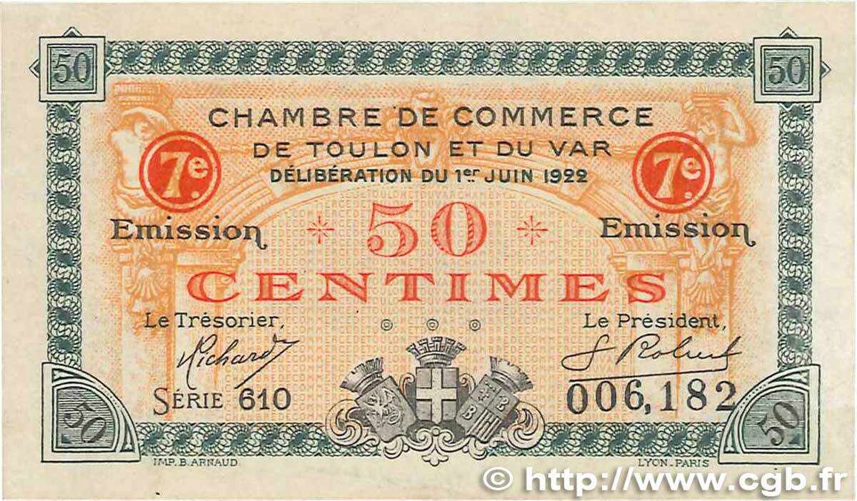50 Centimes FRANCE regionalism and miscellaneous Toulon 1922 JP.121.35 XF