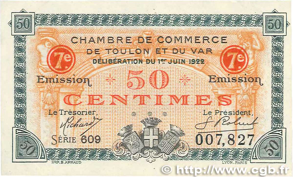 50 Centimes FRANCE regionalism and various Toulon 1922 JP.121.35 XF+