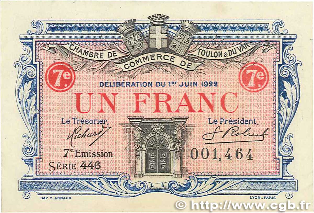 1 Franc FRANCE regionalism and various Toulon 1922 JP.121.36 XF+