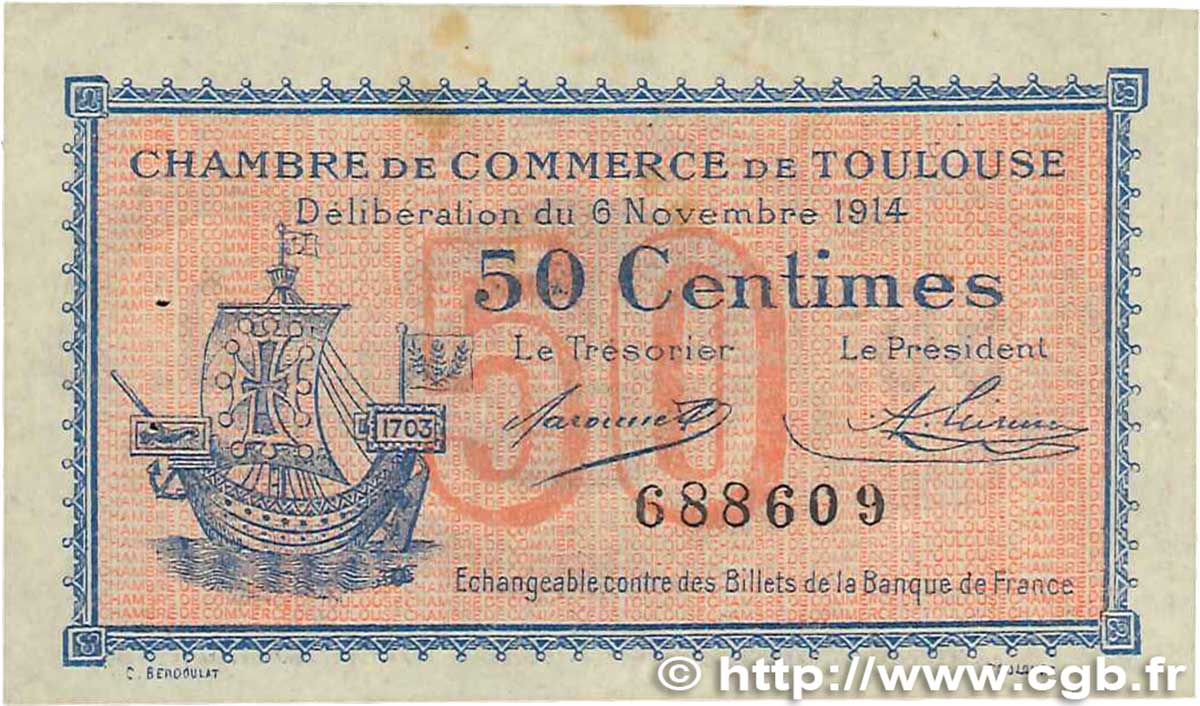 50 Centimes FRANCE Regionalismus und verschiedenen Toulouse 1914 JP.122.01 SS