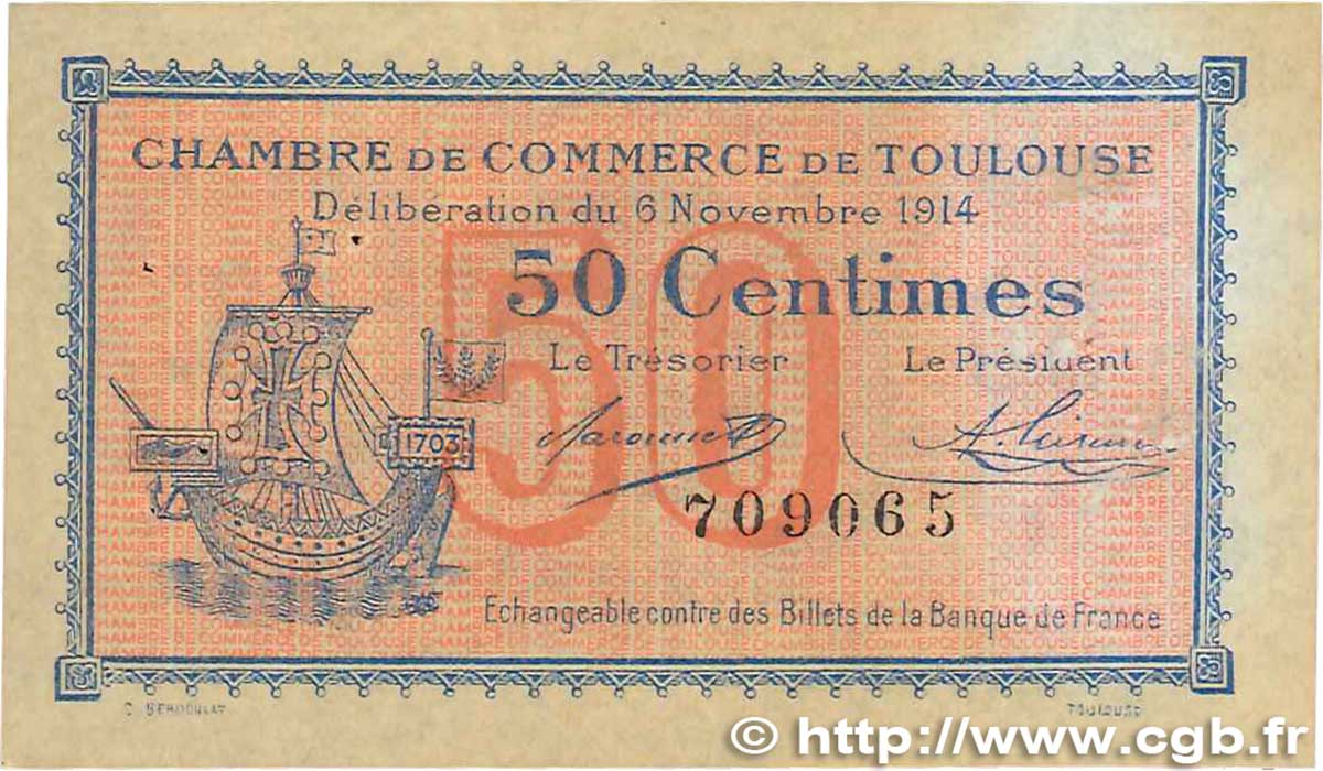 50 Centimes FRANCE regionalism and miscellaneous Toulouse 1914 JP.122.01 VF