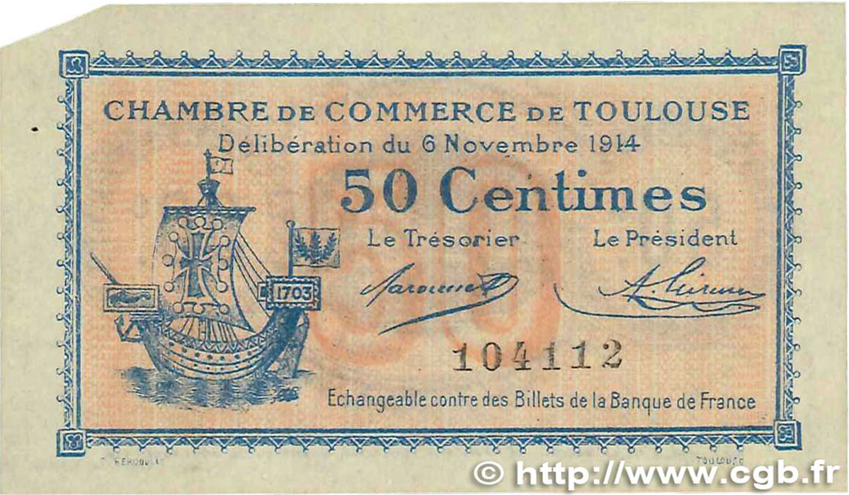 50 Centimes FRANCE regionalism and miscellaneous Toulouse 1914 JP.122.01 VF