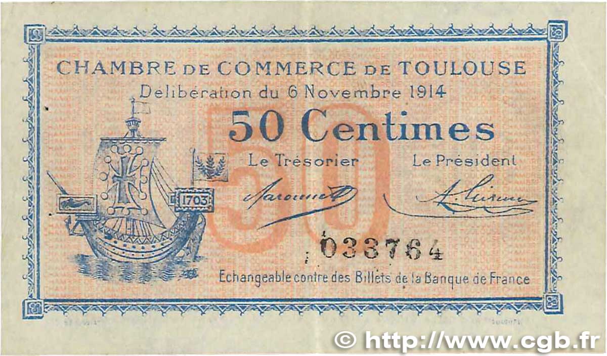50 Centimes FRANCE regionalismo y varios Toulouse 1914 JP.122.01 MBC