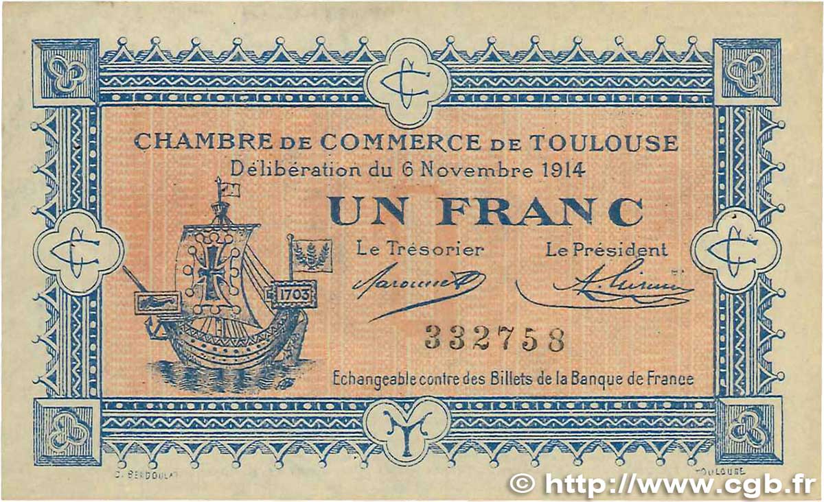 1 Franc FRANCE Regionalismus und verschiedenen Toulouse 1914 JP.122.06 SS