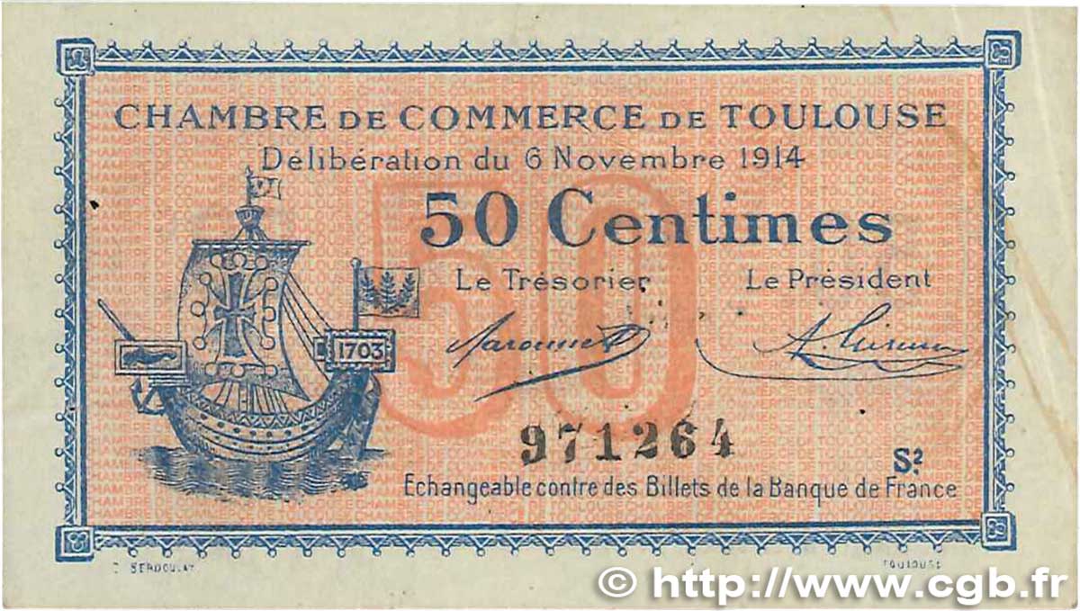 50 Centimes FRANCE Regionalismus und verschiedenen Toulouse 1914 JP.122.08 SS