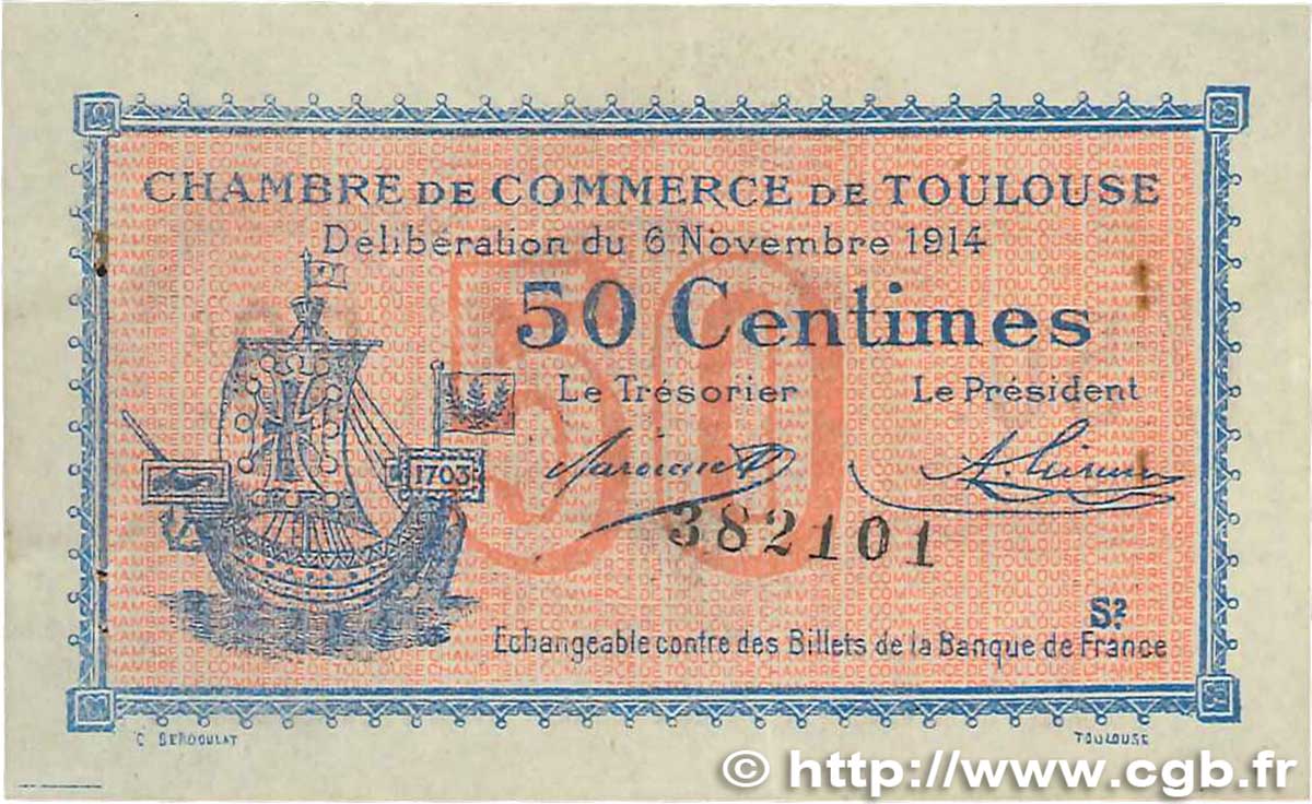 50 Centimes FRANCE regionalism and miscellaneous Toulouse 1914 JP.122.08 VF+