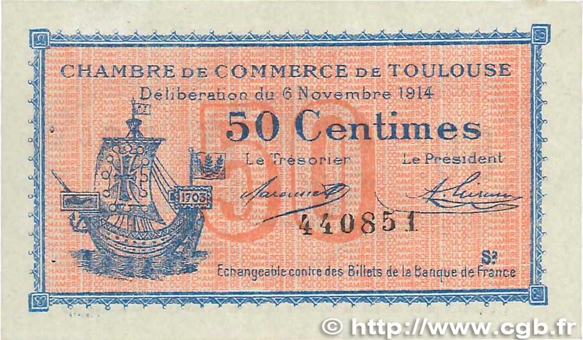 50 Centimes FRANCE regionalism and miscellaneous Toulouse 1914 JP.122.08 XF+