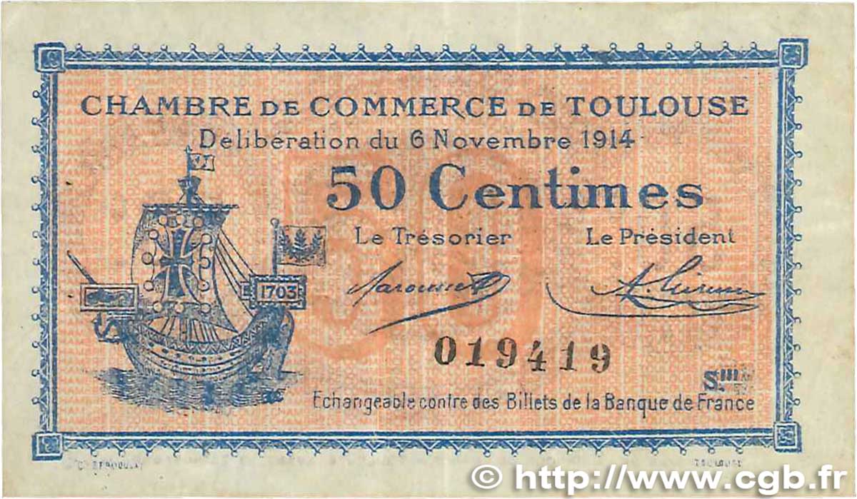 50 Centimes FRANCE regionalism and miscellaneous Toulouse 1914 JP.122.08 F