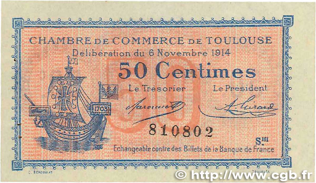 50 Centimes FRANCE régionalisme et divers Toulouse 1914 JP.122.08 SUP