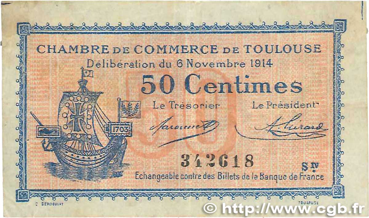 50 Centimes FRANCE regionalismo y varios Toulouse 1914 JP.122.08 BC