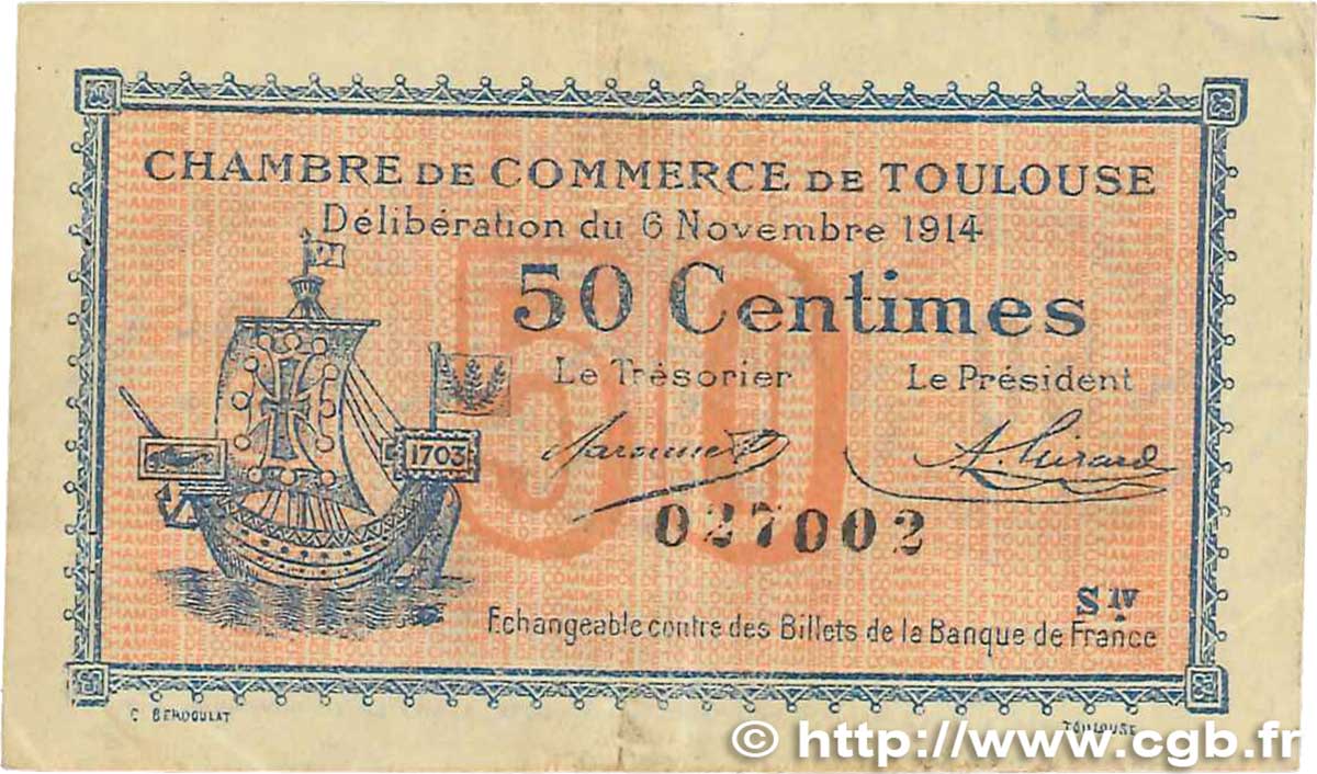 50 Centimes FRANCE regionalism and various Toulouse 1914 JP.122.08 VF