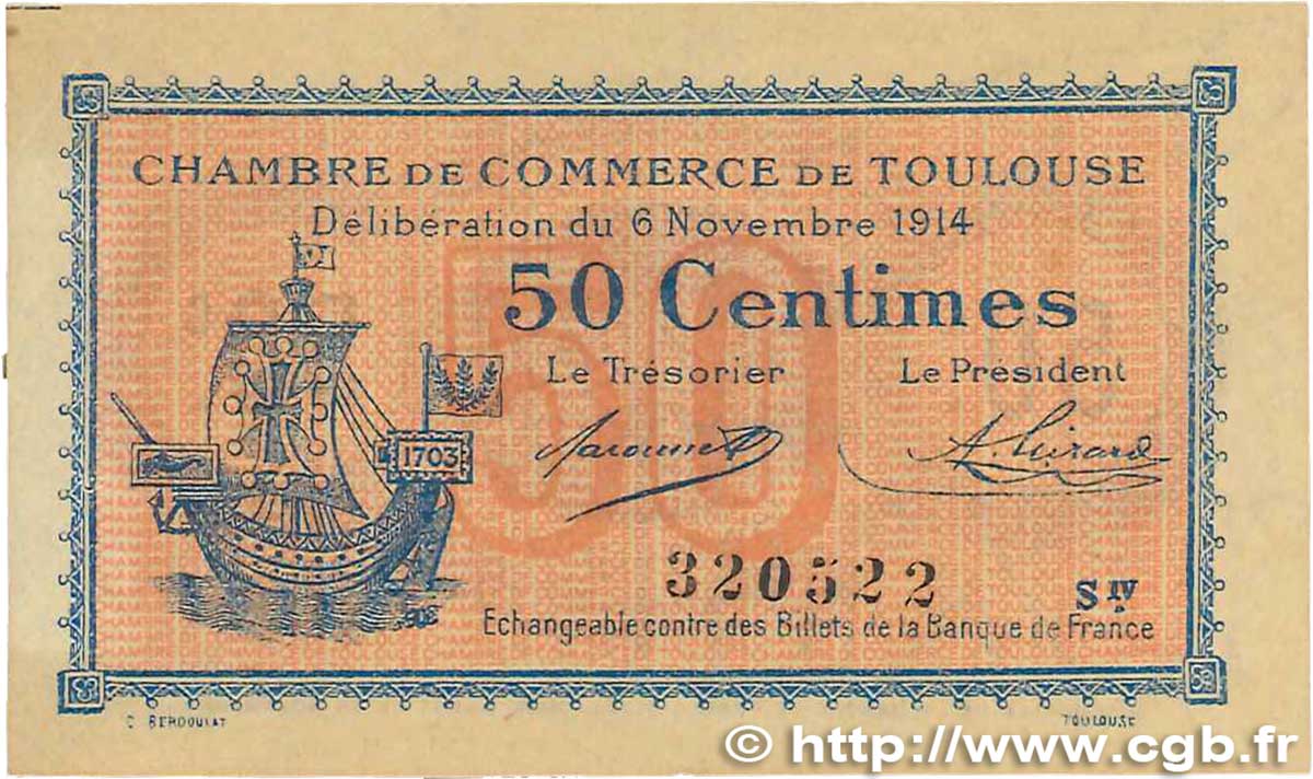 50 Centimes FRANCE Regionalismus und verschiedenen Toulouse 1914 JP.122.08 fVZ