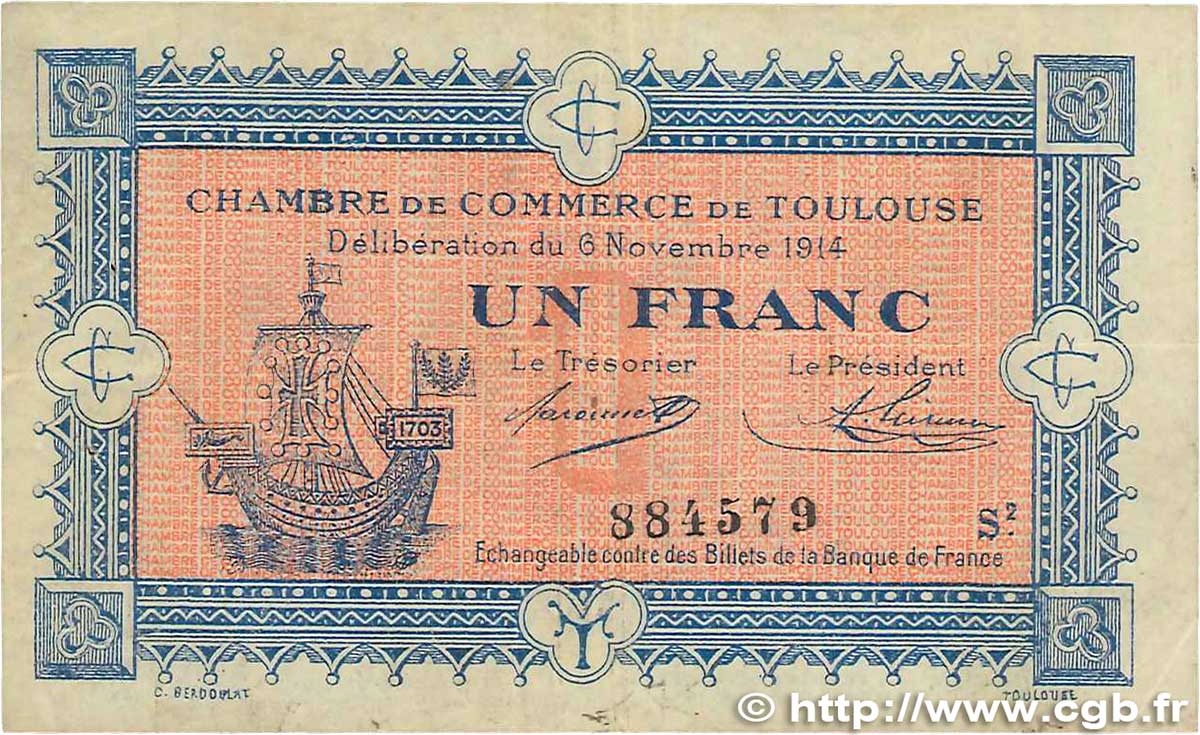 1 Franc FRANCE regionalism and various Toulouse 1914 JP.122.14 VF