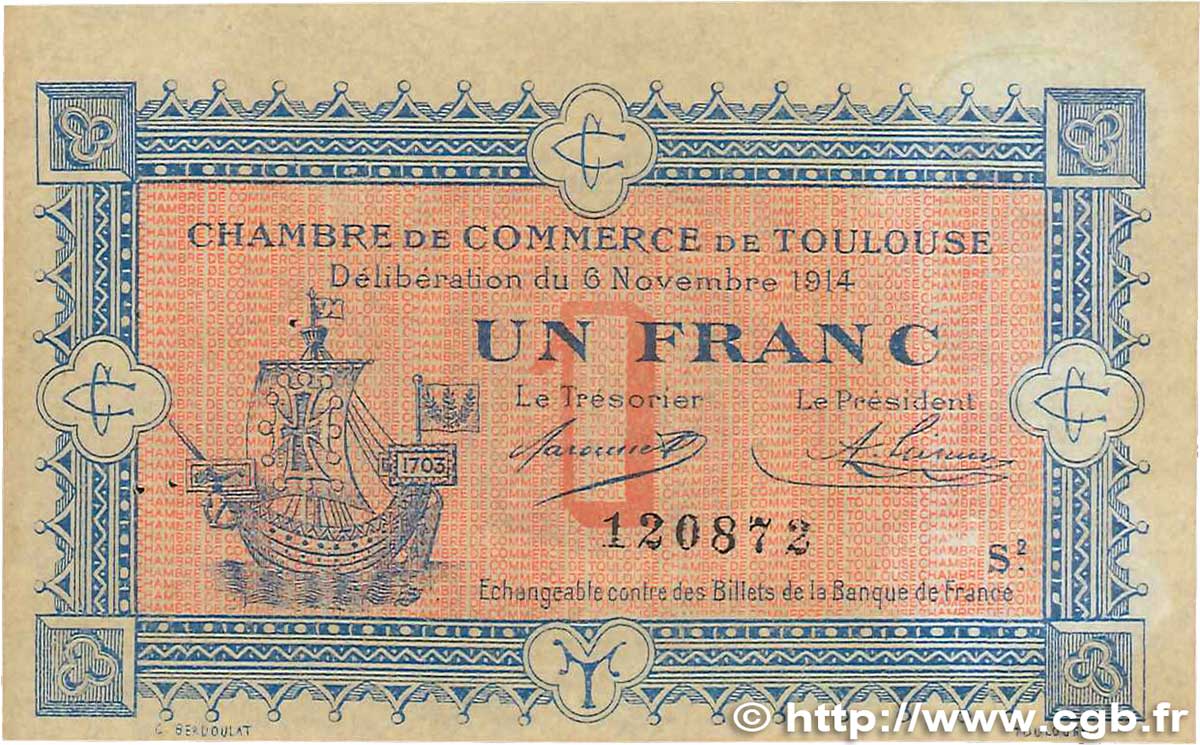 1 Franc FRANCE regionalism and various Toulouse 1914 JP.122.14 VF