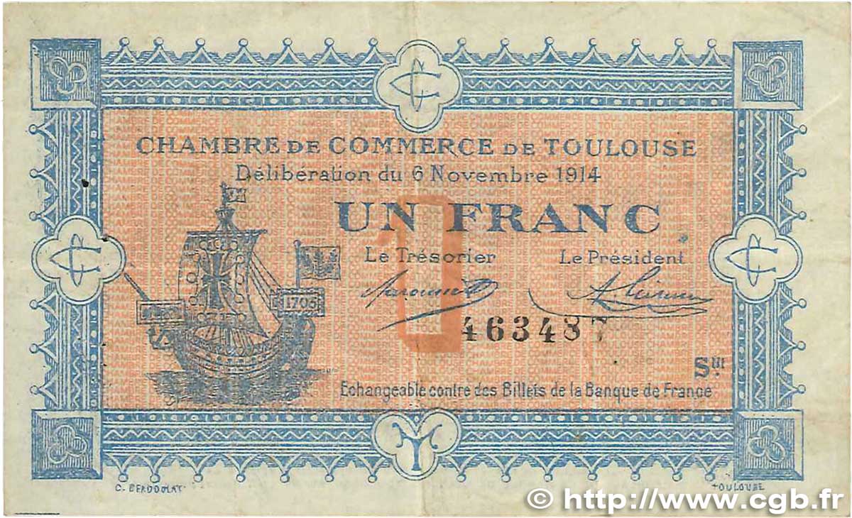 1 Franc FRANCE regionalism and miscellaneous Toulouse 1914 JP.122.14 VF
