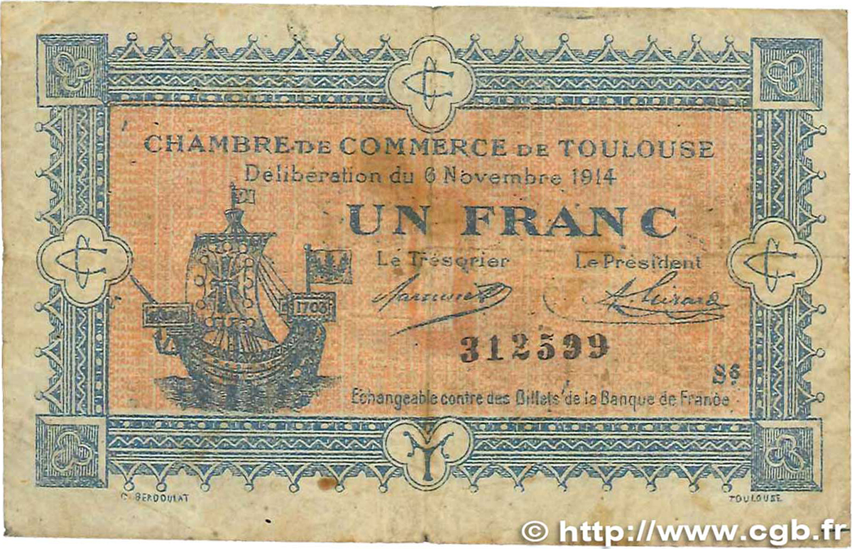 1 Franc FRANCE regionalism and various Toulouse 1914 JP.122.20 VG