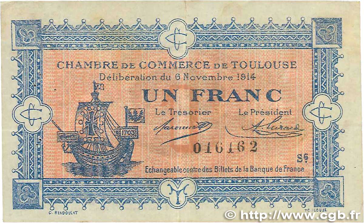 1 Franc FRANCE régionalisme et divers Toulouse 1914 JP.122.20 TB