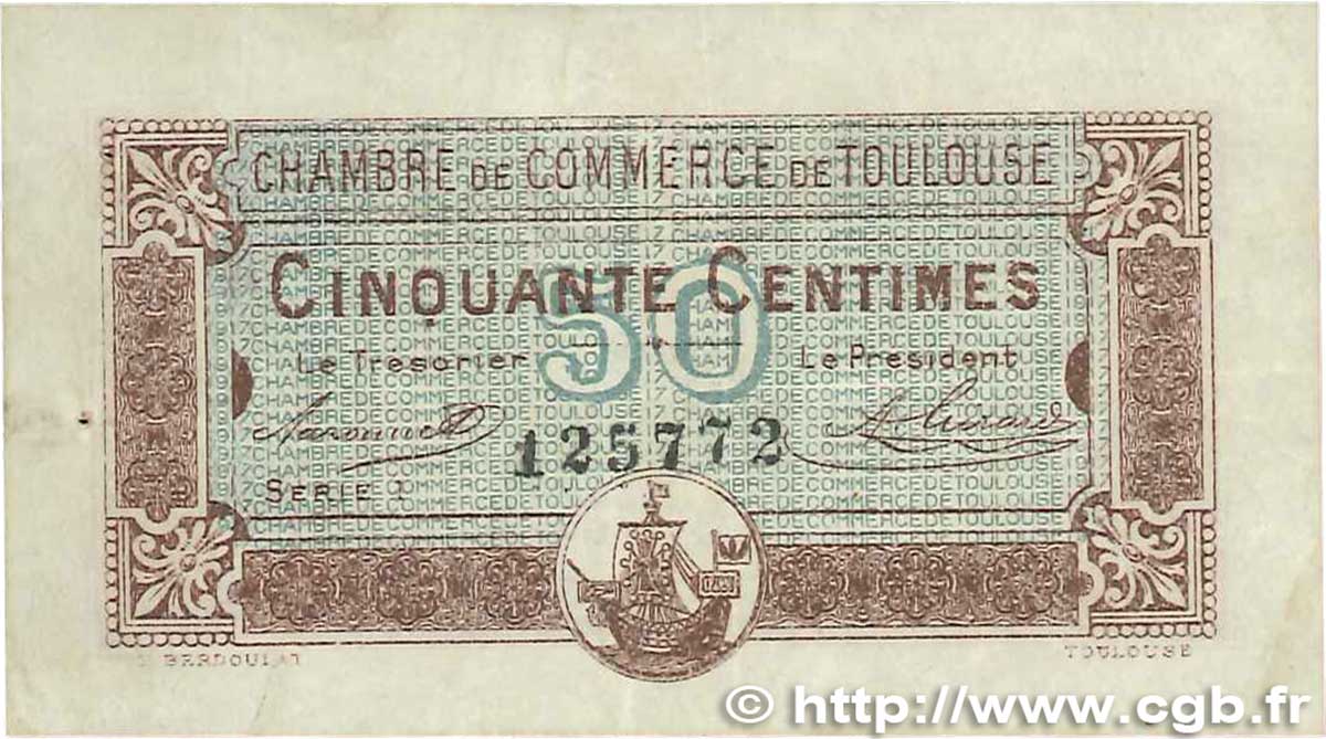 50 Centimes FRANCE Regionalismus und verschiedenen Toulouse 1917 JP.122.22 SS