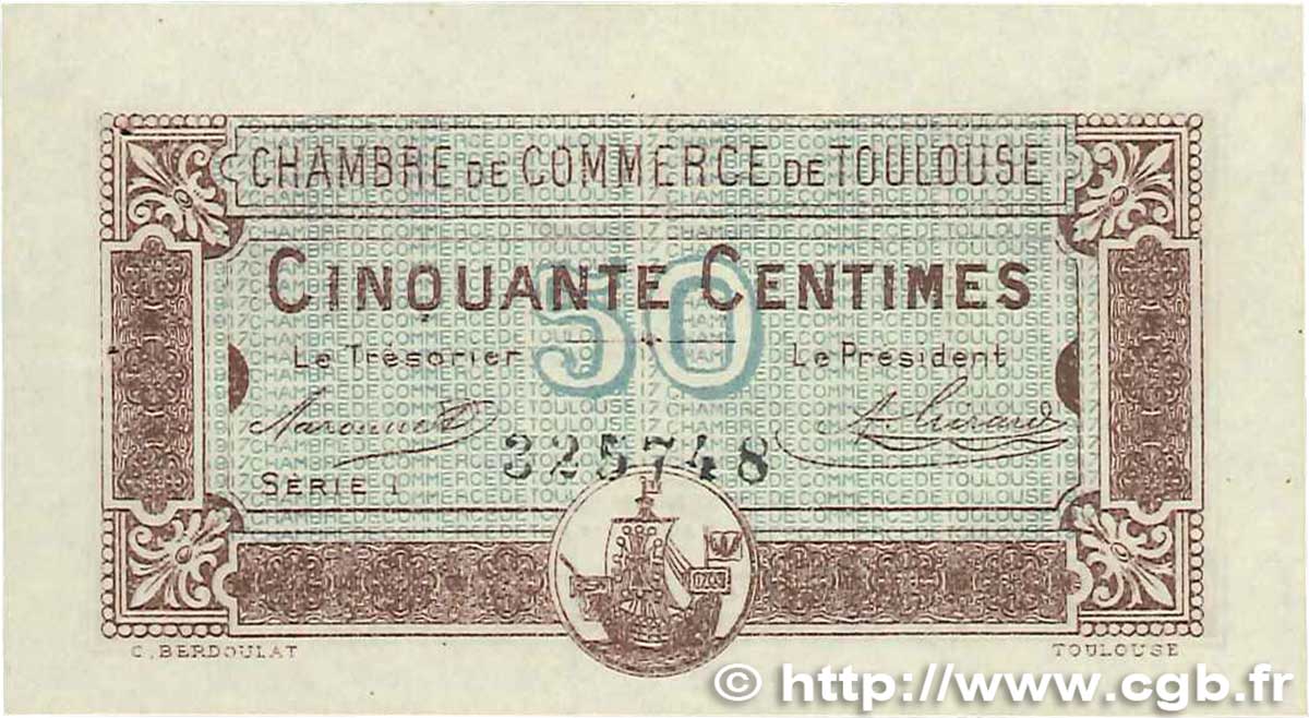 50 Centimes FRANCE Regionalismus und verschiedenen Toulouse 1917 JP.122.22 VZ