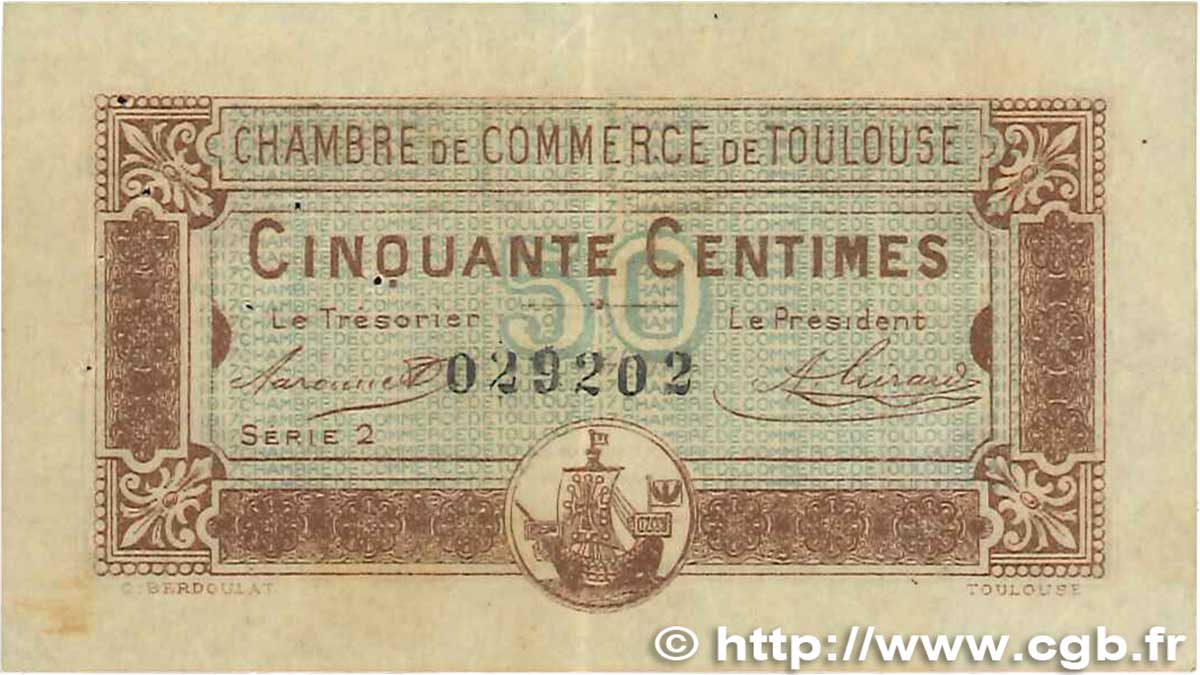 50 Centimes FRANCE regionalismo y varios Toulouse 1917 JP.122.22 BC+