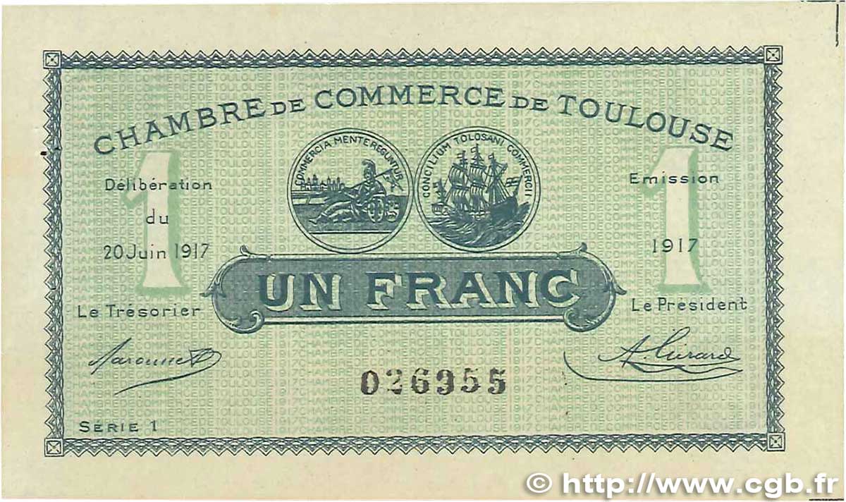 1 Franc FRANCE regionalism and various Toulouse 1917 JP.122.27 XF