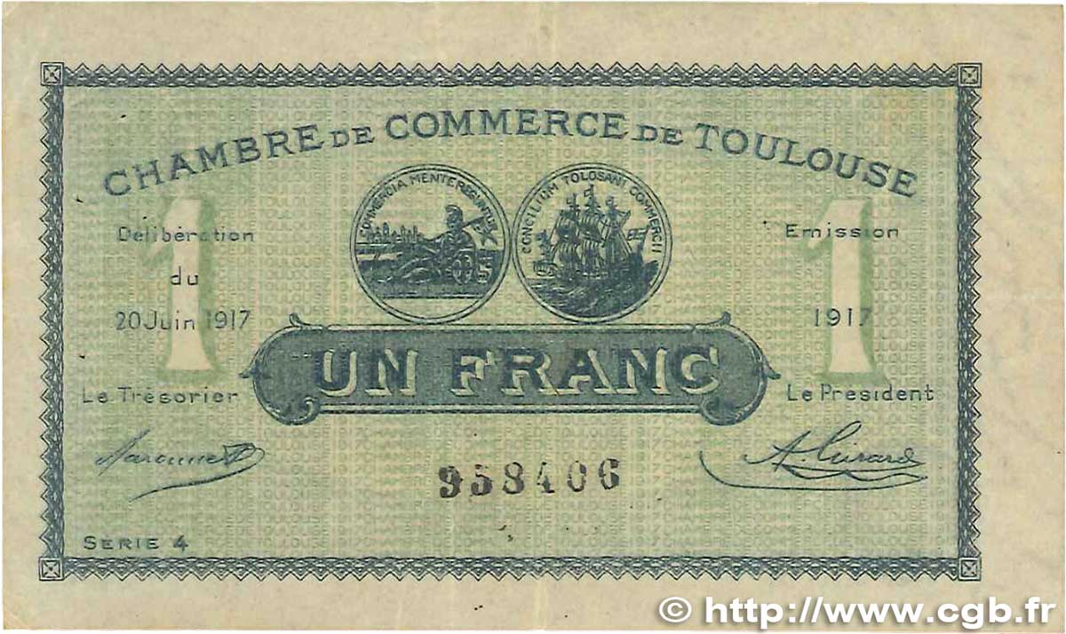 1 Franc FRANCE regionalismo y varios Toulouse 1917 JP.122.27 BC