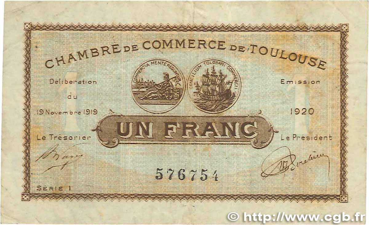 1 Franc FRANCE regionalismo y varios Toulouse 1919 JP.122.36 BC
