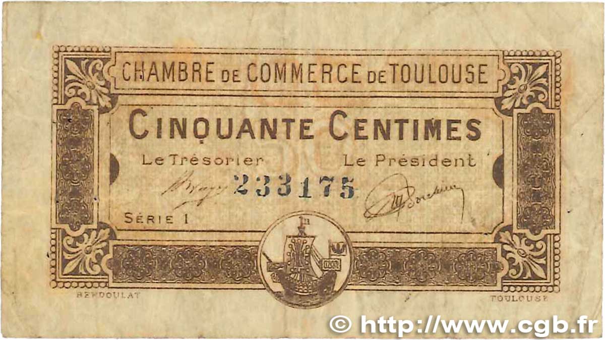 50 Centimes FRANCE regionalismo y varios Toulouse 1919 JP.122.34 BC