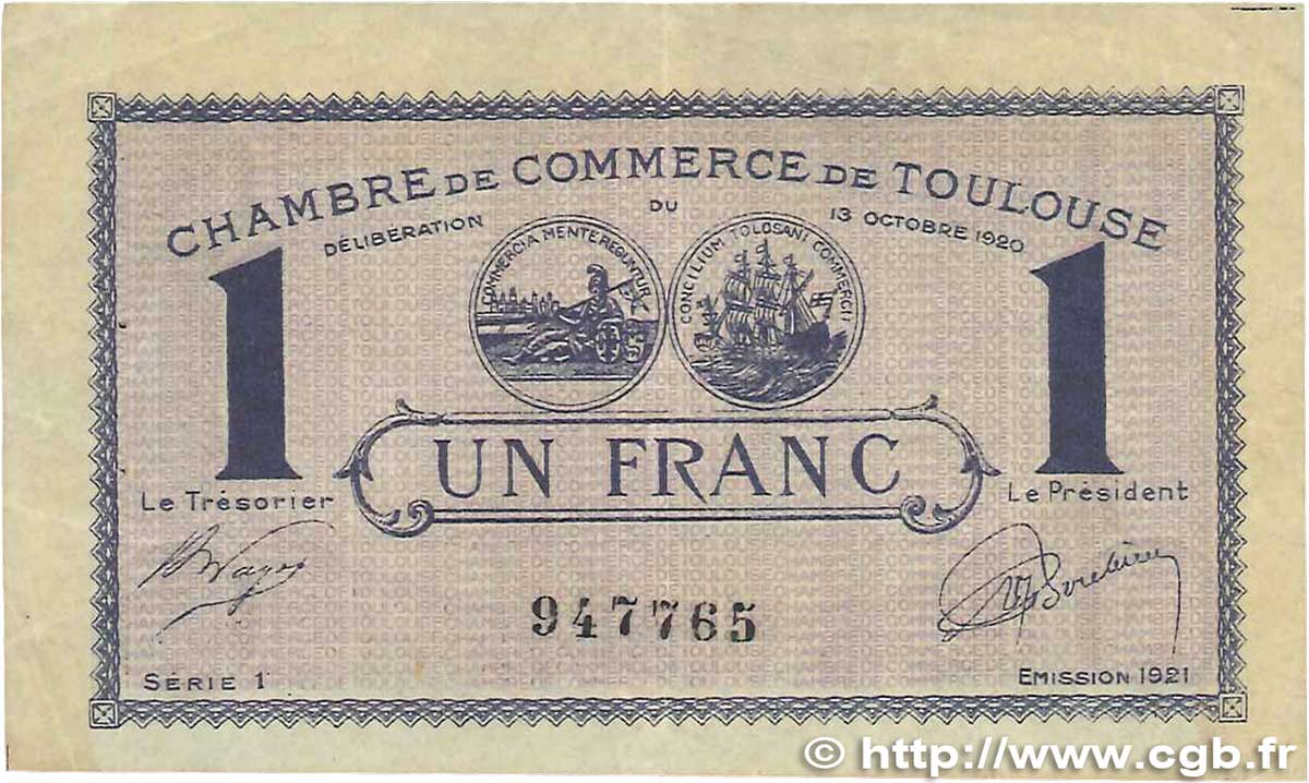 1 Franc FRANCE regionalismo y varios Toulouse 1920 JP.122.41 MBC