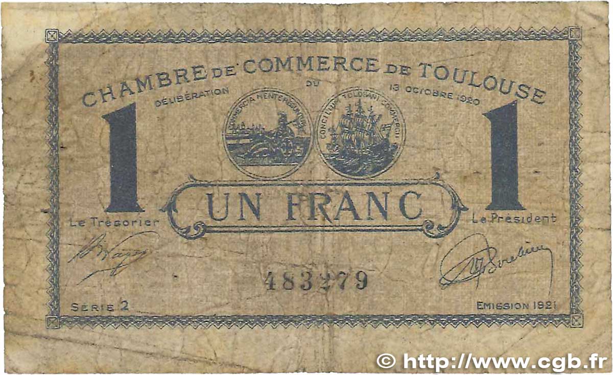 1 Franc FRANCE regionalism and miscellaneous Toulouse 1920 JP.122.43 G