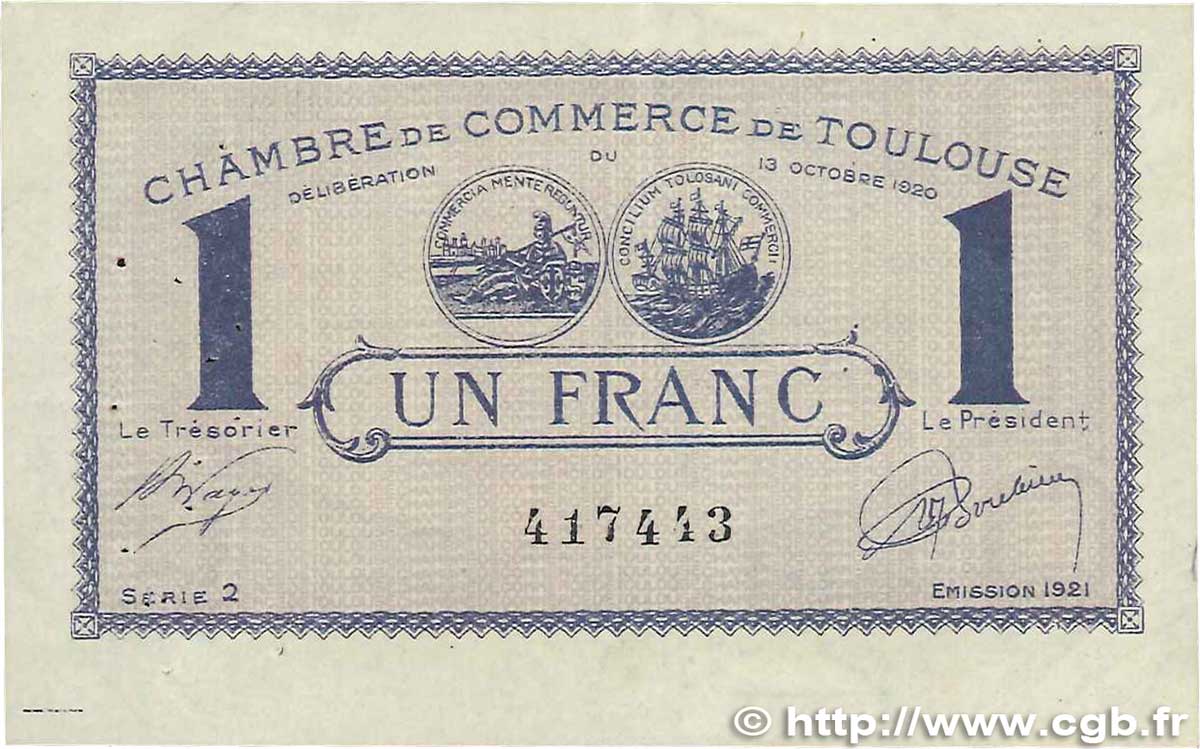 1 Franc FRANCE Regionalismus und verschiedenen Toulouse 1920 JP.122.43 SS