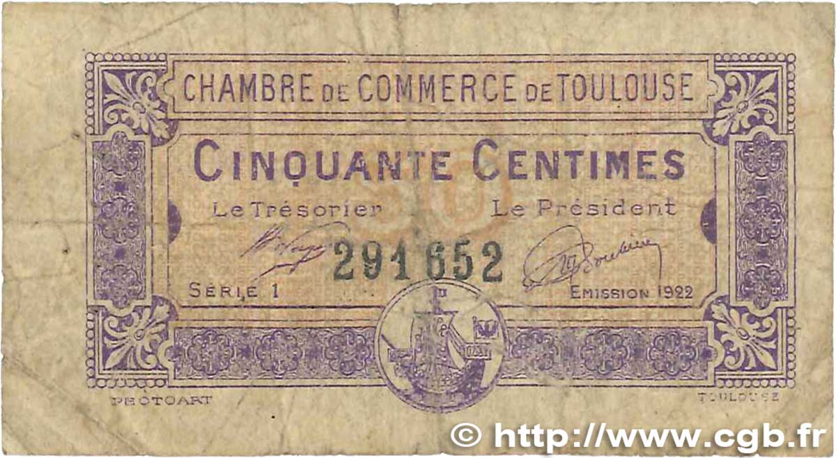 50 Centimes FRANCE regionalism and miscellaneous Toulouse 1922 JP.122.44 G