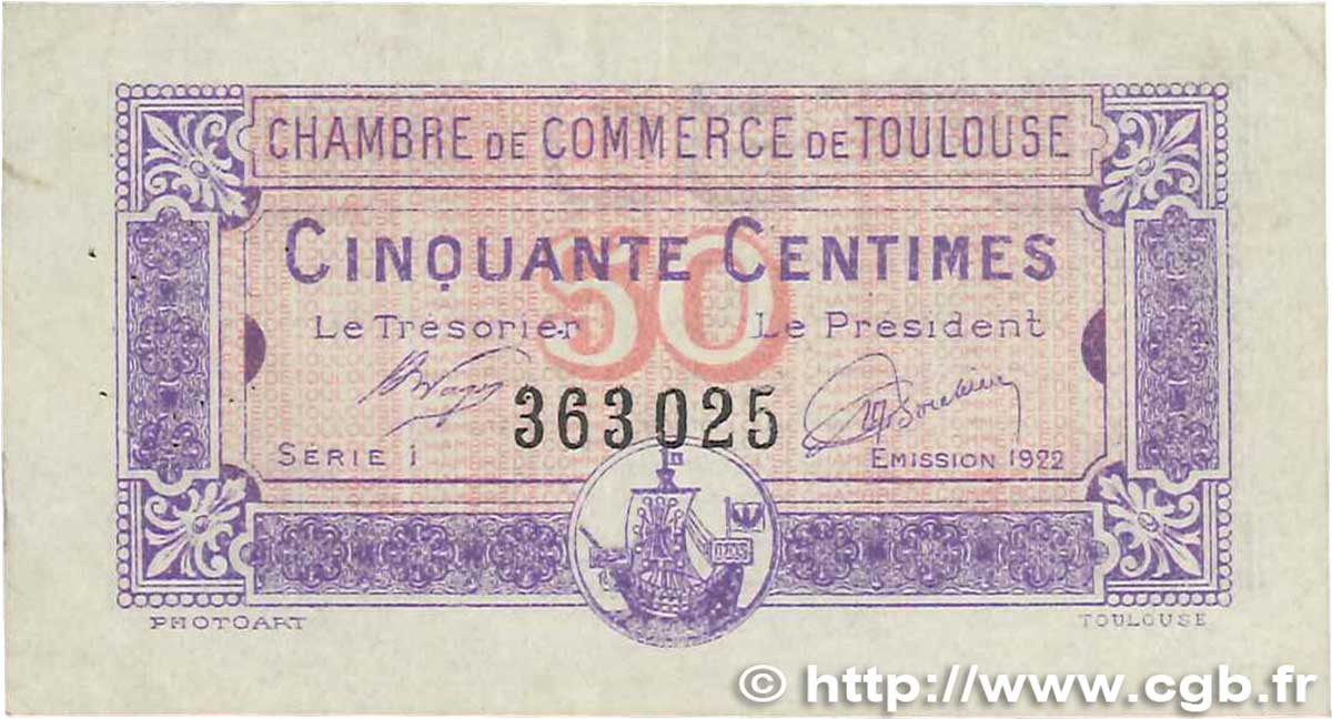 50 Centimes FRANCE regionalism and various Toulouse 1922 JP.122.44 VF+
