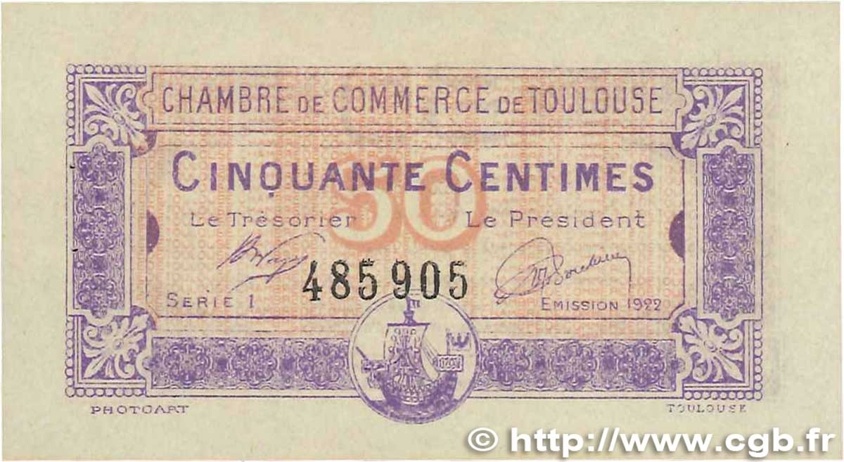 50 Centimes FRANCE regionalism and various Toulouse 1922 JP.122.44 AU
