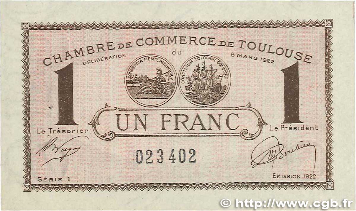 1 Franc FRANCE regionalism and various Toulouse 1922 JP.122.45 VF+
