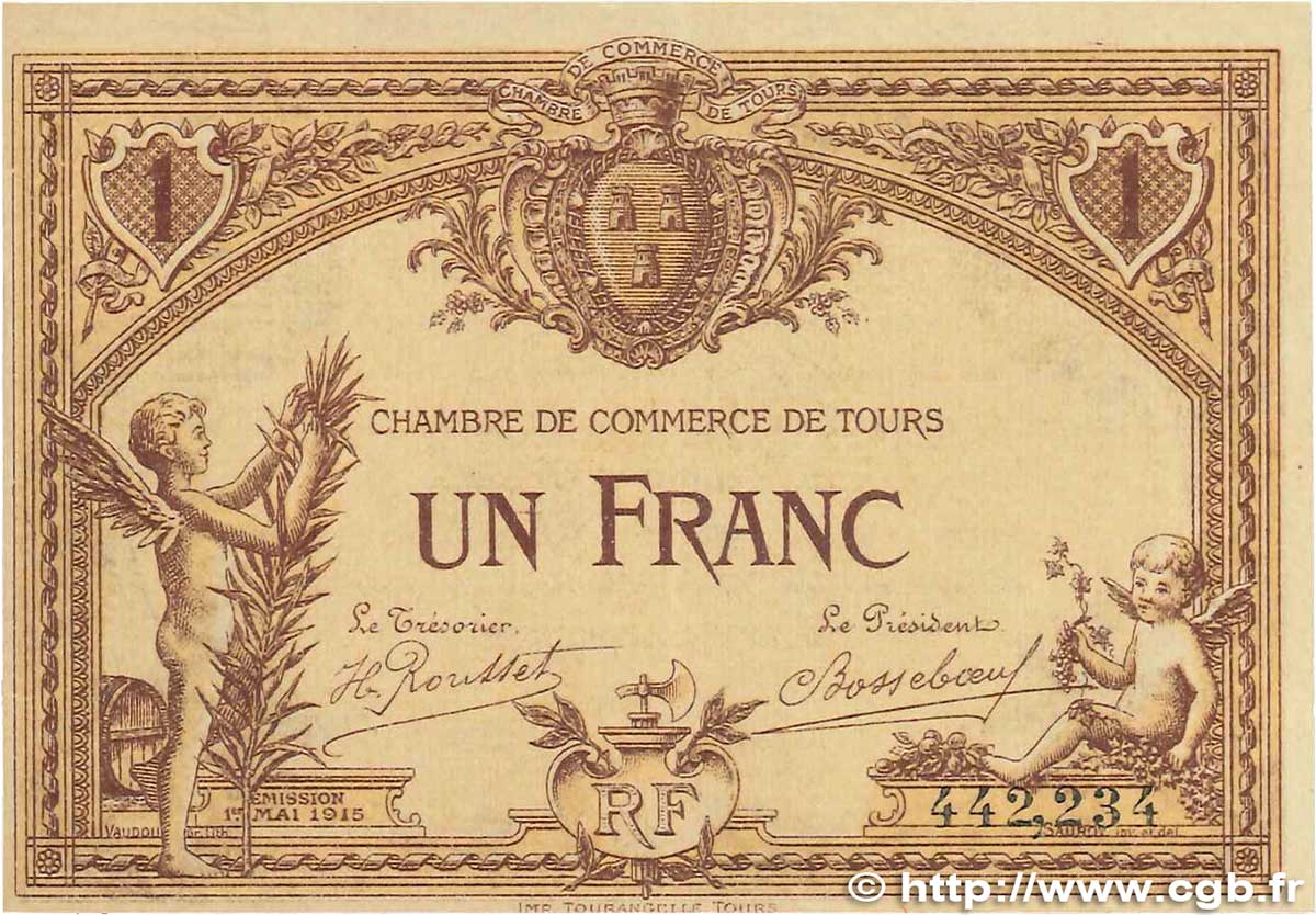 1 Franc FRANCE regionalism and various Tours 1915 JP.123.01 VF+