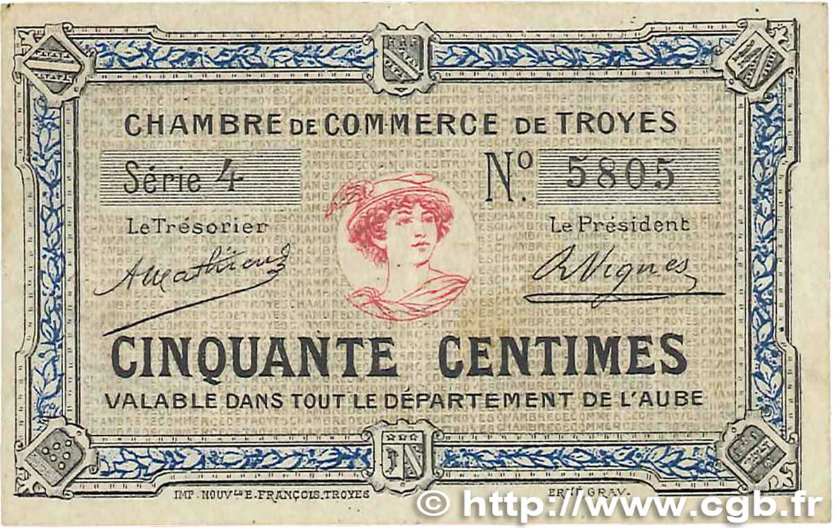 50 Centimes FRANCE regionalismo y varios Troyes 1918 JP.124.01 BC