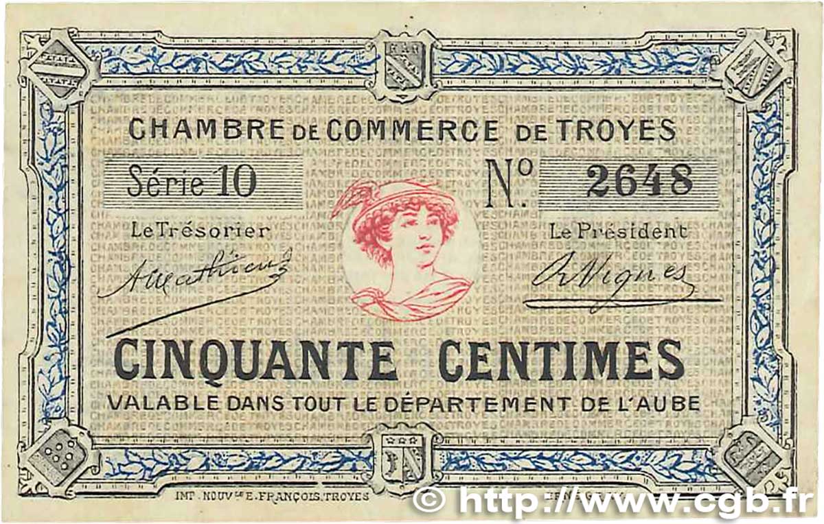 50 Centimes FRANCE regionalismo y varios Troyes 1918 JP.124.01 MBC