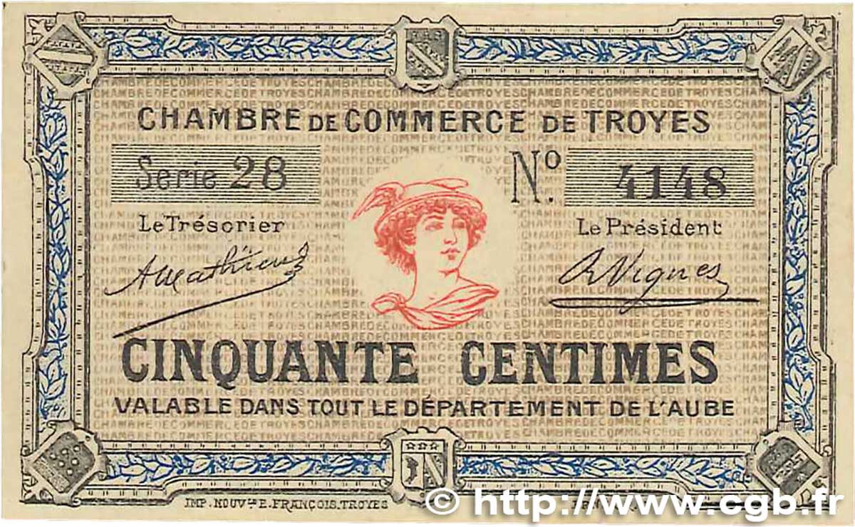 50 Centimes FRANCE Regionalismus und verschiedenen Troyes 1918 JP.124.05 VZ