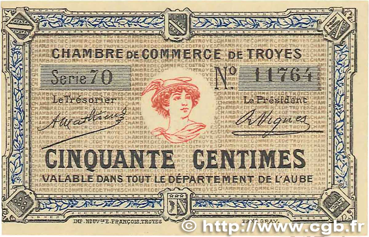 50 Centimes FRANCE regionalism and miscellaneous Troyes 1918 JP.124.05 XF+