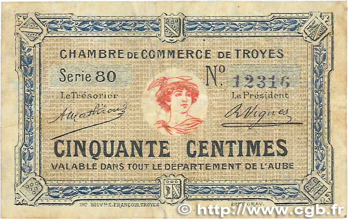 50 Centimes FRANCE regionalism and miscellaneous Troyes 1918 JP.124.07 F