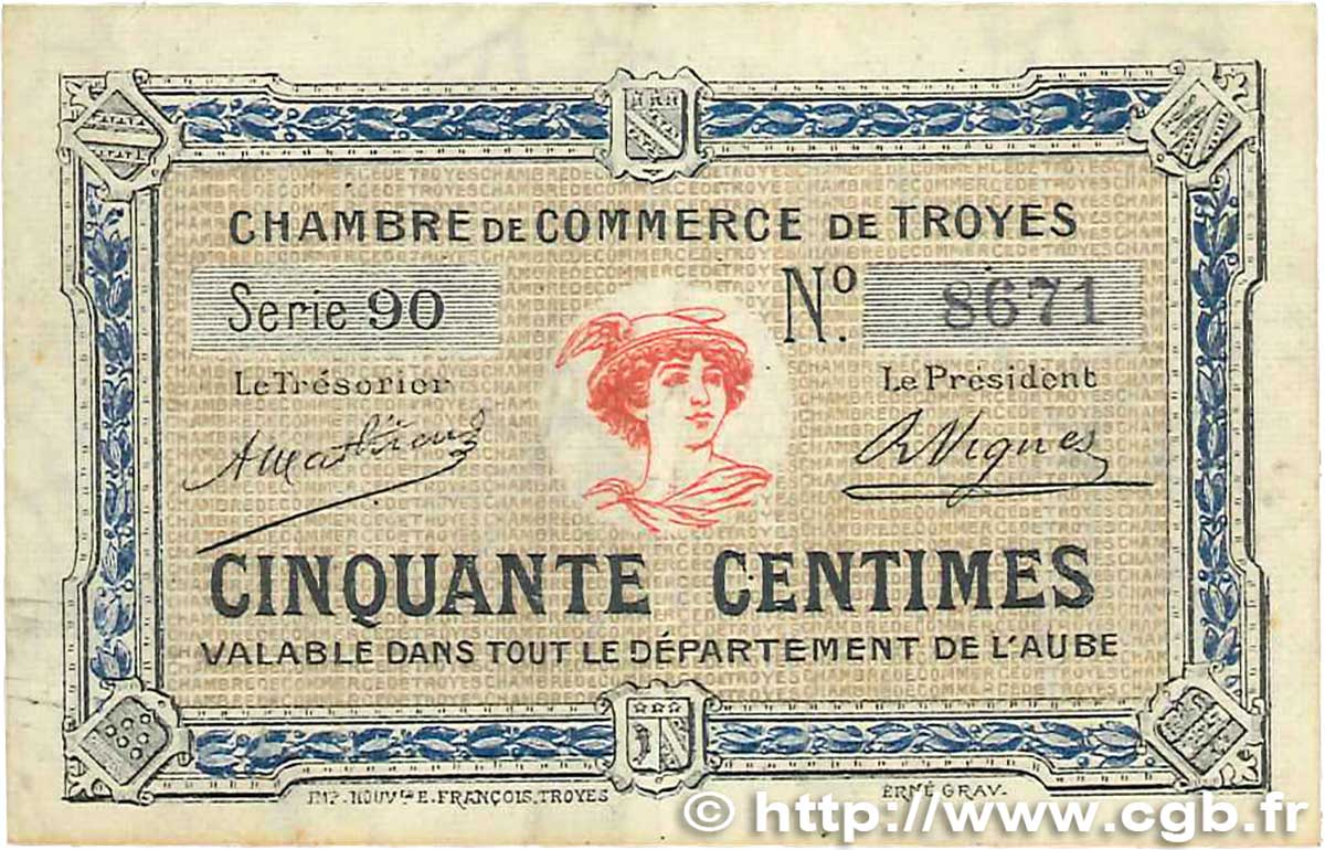 50 Centimes  FRANCE regionalism and miscellaneous Troyes 1918 JP.124.07 VF