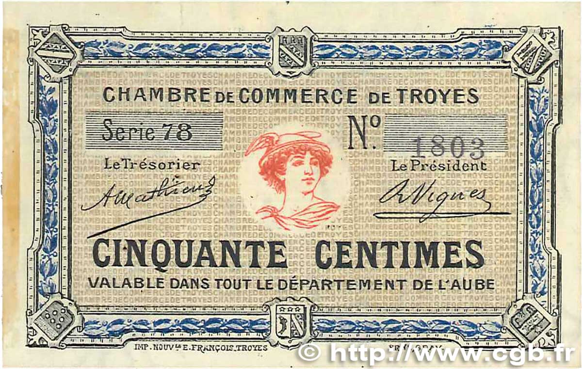 50 Centimes FRANCE regionalism and miscellaneous Troyes 1918 JP.124.07 XF