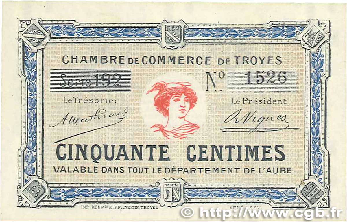 50 Centimes FRANCE regionalism and various Troyes 1918 JP.124.07 AU