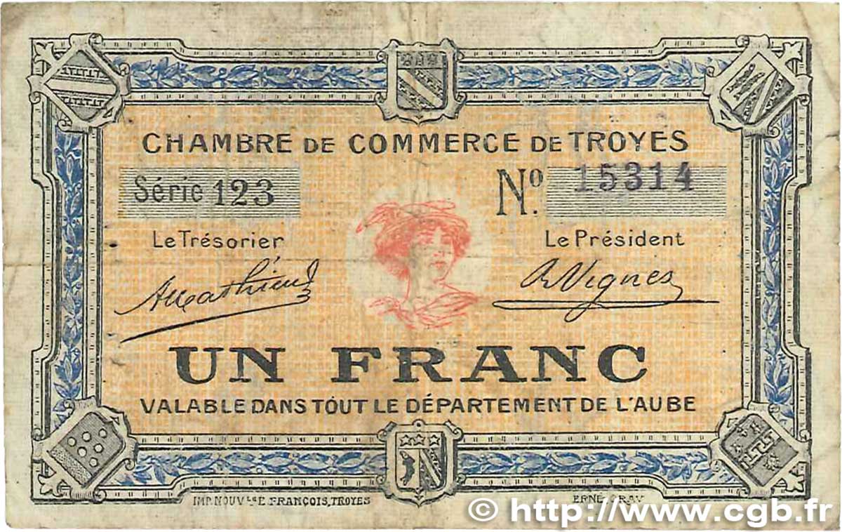 1 Franc FRANCE regionalism and miscellaneous Troyes 1918 JP.124.08 VG