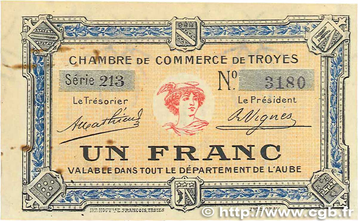 1 Franc FRANCE regionalismo y varios Troyes 1918 JP.124.08 EBC