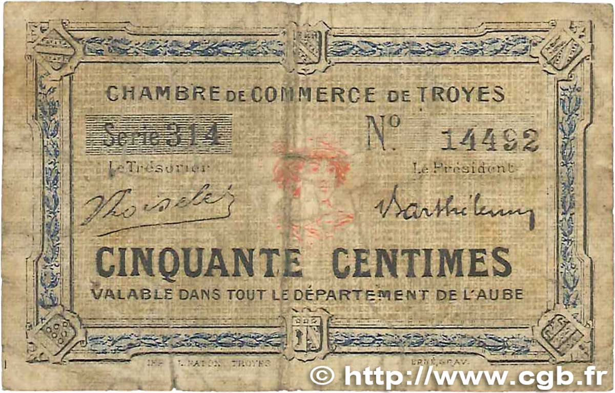 50 Centimes FRANCE regionalism and miscellaneous Troyes 1918 JP.124.09 G