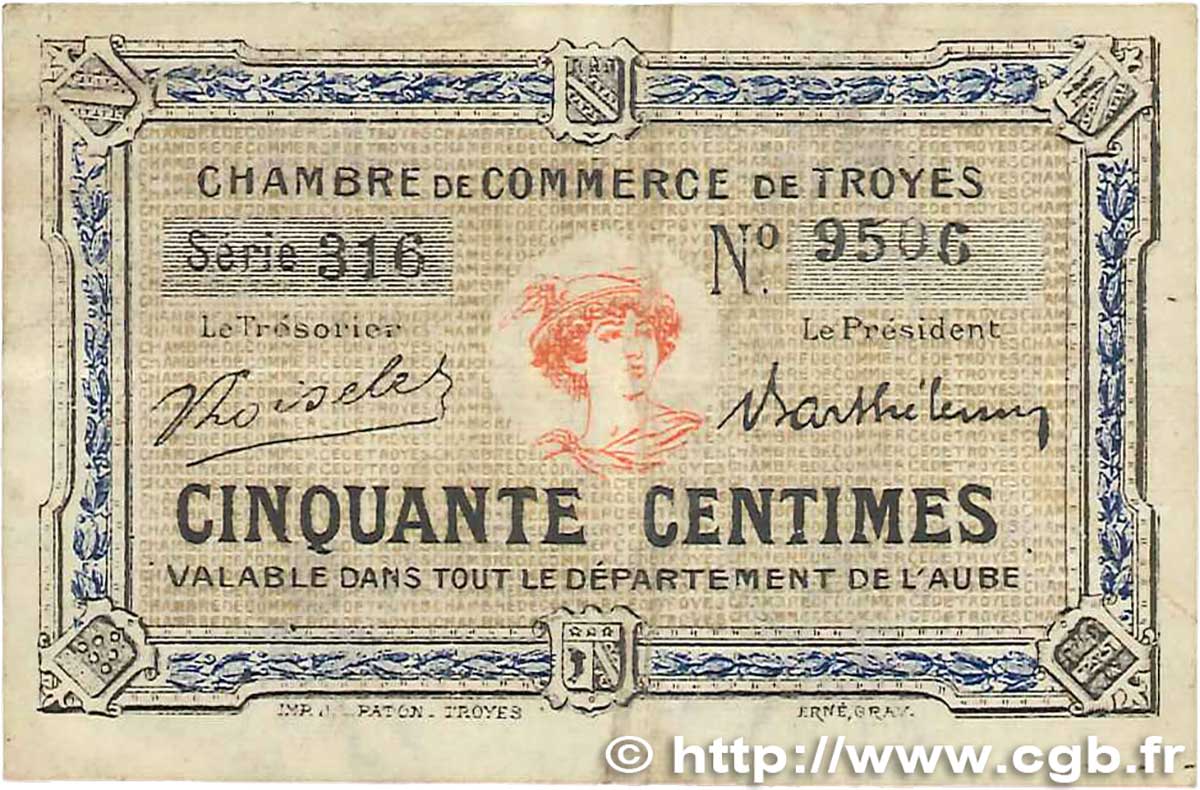 50 Centimes FRANCE regionalismo y varios Troyes 1918 JP.124.09 BC+