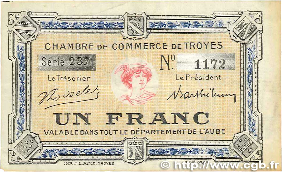 1 Franc FRANCE regionalism and miscellaneous Troyes 1918 JP.124.10 VF