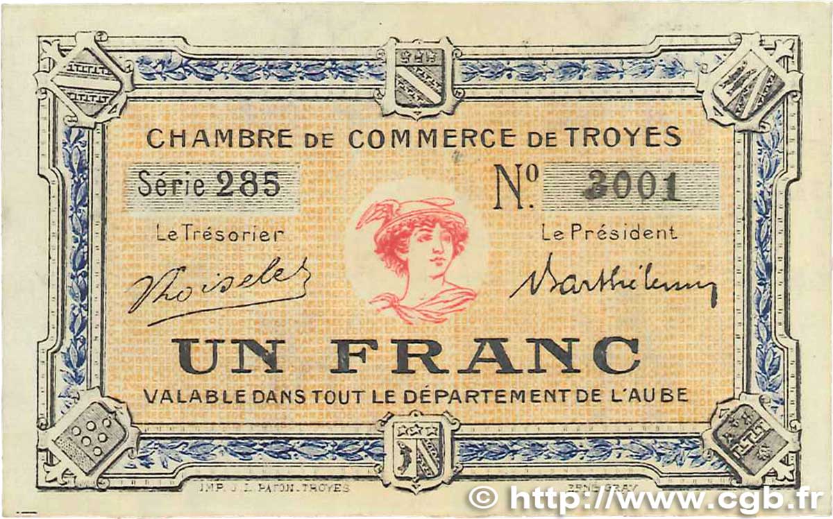 1 Franc FRANCE regionalism and various Troyes 1918 JP.124.10 VF+